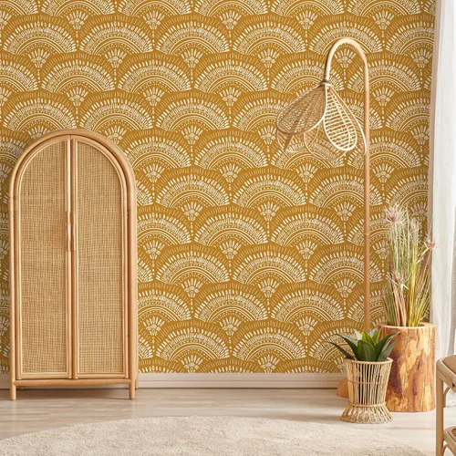 Vista 4 de VEELIKE Papel tapiz geométrico amarillo mostaza para despegar y pegar, papel tapiz geométrico bohemio, extraíble, de 17.7 x 118 pulgadas, apto