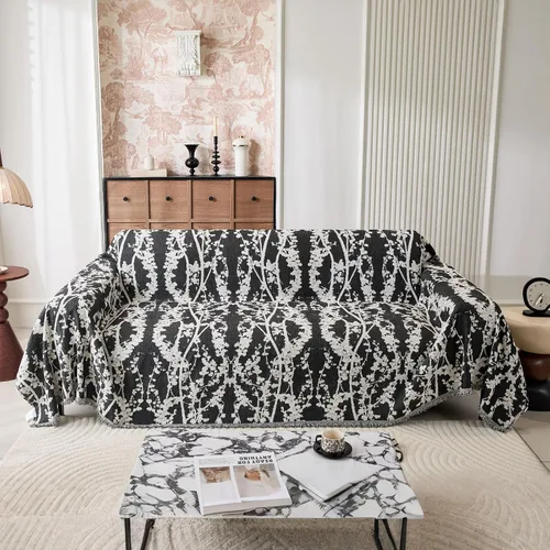 Vista 7 de DREAMINGO Funda de sofá decorativa de chenilla con diseño floral de granja Rama Botánica Negro