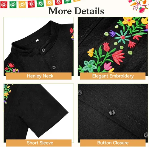 Vista 5 de Camisa de Guayabera mexicana para hombre, manga corta, diseño bordado