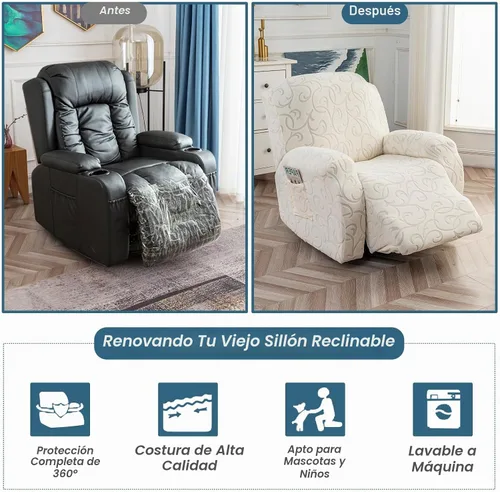 Vista 4 de Funda para Sillón Reclinable de 4 Piezas Elástica, Funda Deslizable de Sofá, Cubierta de Sofá para Sofá Reclinable de 1 Asiento, Protector