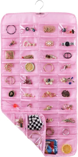 Vista 13 de Bloss Organizador colgante de joyas con 80 bolsillos, colgador de joyas de doble cara para almacenamiento de joyas y aretes, organizadores de joyas