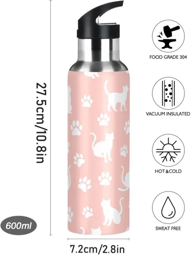 Vista 9 de Stainless Steel Vacuum Insulated Water Bottle 20 Oz, BPA-Free Sport Water Bottle Insulated for Gym Outdoor Travel School, Cat Paw Prints Pastel