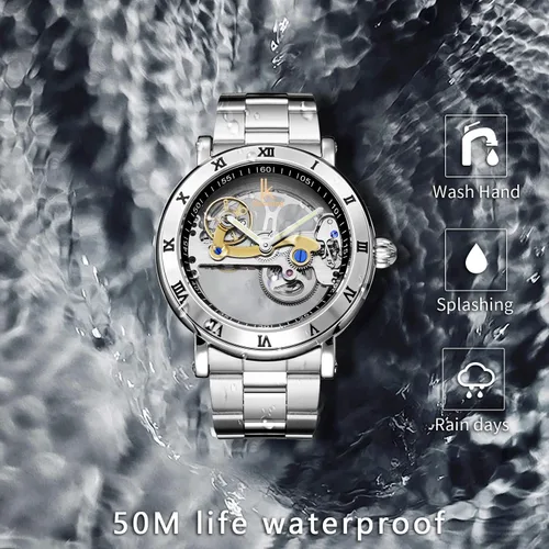 Vista 4 de Gute Relojes para hombre, mecánico automático automático, impermeable, transparente, transparente, transparente, steampunk, números romanos, caja