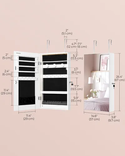 Vista 6 de SONGMICS Armario de joyería con espejo con luces LED integradas, organizador de almacenamiento de joyas montado en la pared o en la puerta, 3.8 x