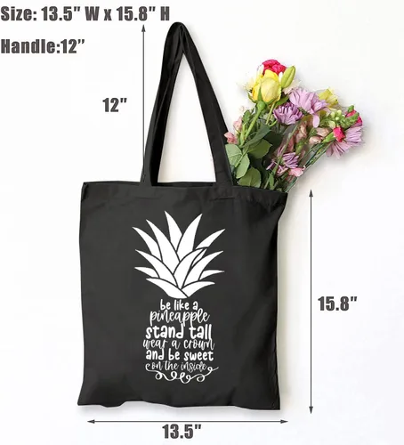 Vista 4 de TSIIUO Bolsa de lona con texto en inglés "Be a Pineapple Stand Tall and Wear a Crown", divertida bolsa de compras reutilizable inspiradora