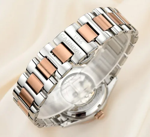 Vista 10 de Carnival Reloj de mujer con esqueleto mecánico automático, cristal de zafiro sintético, oro rosa, acero inoxidable, impermeable, color blanco