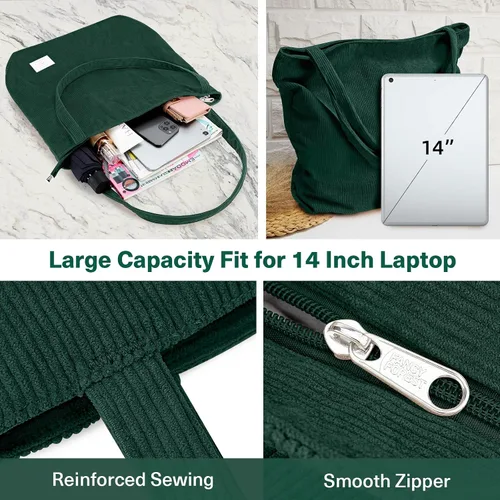 Vista 7 de KALIDI - Bolsa de pana para mujer, con cremallera, casual, de gran capacidad, con bolsillos