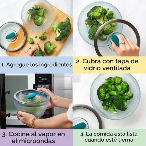 Vista 3 de Anyday Almacenamiento de alimentos de vidrio de 7 tazas con tapa de vidrio, plato redondo poco profundo, preparación de comidas y utensilios