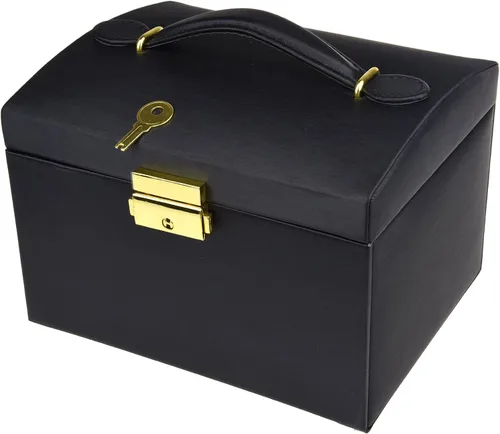 Vista 7 de Caja de joyas de piel Goldwheat con cerradura y espejo. Excelente regalo para mujeres., Cuero sintético, Negro, M