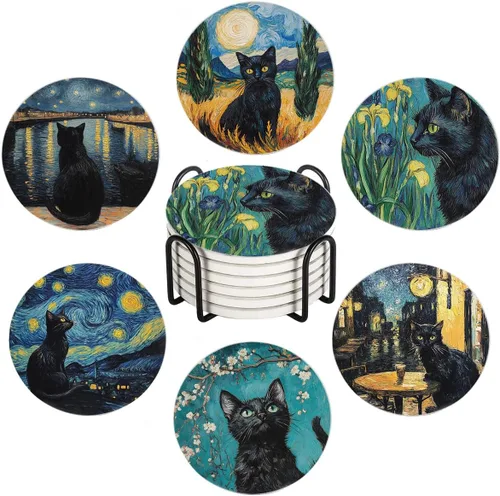 Vista 13 de Juego de 6 posavasos para bebidas, color terracota, azul marino, naranja y dorado, arte abstracto moderno, absorbente, redondo, de cerámica