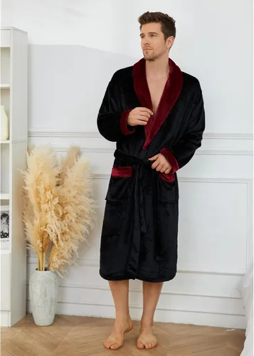 Vista 5 de U2SKIIN Albornoz de forro polar para hombre con cuello de felpa