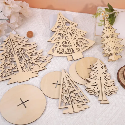 Vista 8 de Juego de manualidades de Navidad, árbol de Navidad 3D de madera, rebanadas de madera sin terminar para pintar, adornos de árboles de Navidad