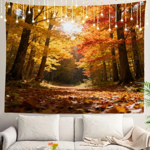 Vista 17 de Shrahala Tapiz de pared de hojas de arce otoñal, hojas rojas sin costuras sobre negro para colgar en la pared, tapiz grande decorativo de fibra