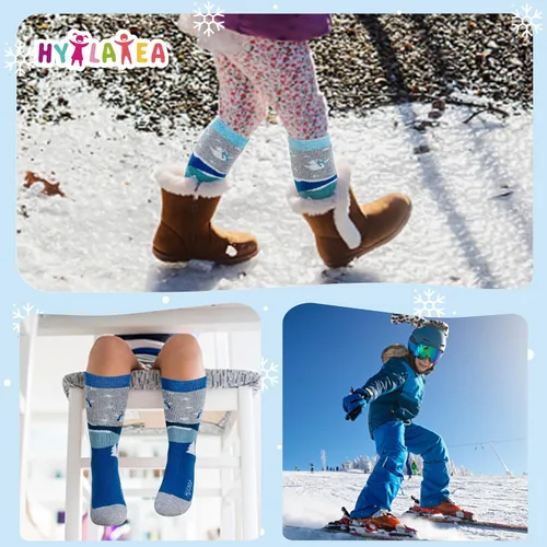 Vista 6 de Hylaea Calcetines de esquí de lana merino para niños, calcetines térmicos cálidos hasta la rodilla para patinaje de snowboard para niños y niñas