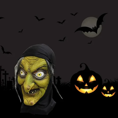 Vista 3 de Máscara de bruja de látex verde con cabello y sombrero disfraz de Halloween de terror