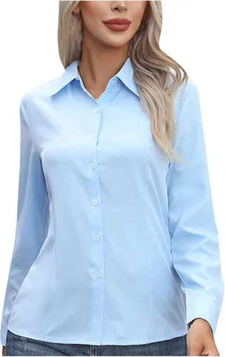 Vista 10 de Womens Button Down Shirts Collared Long Sleeve Solid Color Dressy Blouses Business Casual Office Work Tops