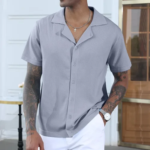 Vista 2 de Camisas polo de guayabera cubana para hombre, estilo casual, manga corta, ligeras, de punto, camisetas de golf de color sólido