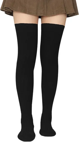 Vista 2 de Bestjybt Calcetines altos hasta el muslo para mujer de algodón con punto trenzado por encima de la rodilla, medias tipo bota, calentadores de Negro