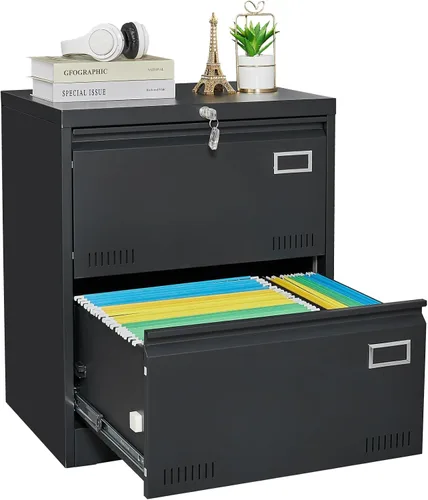 Vista 10 de Archivador lateral de 3 cajones con cerradura para oficina en casa, archivador de metal con barra ajustable para colgar, organización de archivador