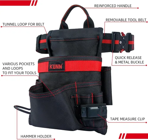 Vista 2 de KUNN 10-Pocket Carpenter Tool Pouch,Adjustable 2-Inch Belt Heavy Duty Construction,Hammer Holder and Tape Measure Clip