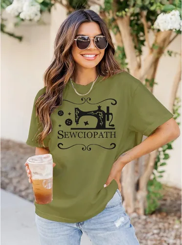 Vista 2 de Camiseta de mujer para amantes de la costura con estampado de costura, divertida máquina de coser con cuello redondo, manga corta, casual