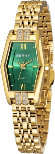 Vista 9 de BERNY Relojes de oro para mujer, delicado hexágono, reloj de pulsera de cuarzo para mujer, correa de acero inoxidable, reloj analógico de moda Dorado