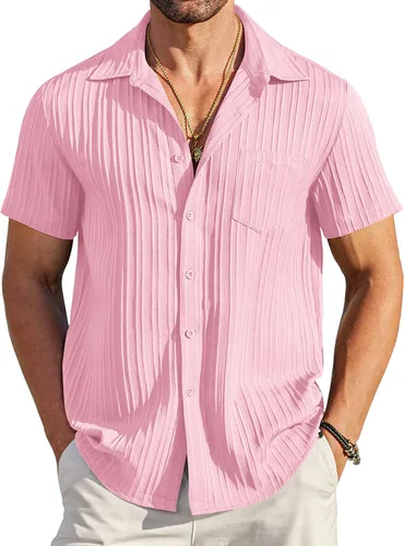 Vista 13 de COOFANDY - Camisas de botones casuales para hombre, de manga corta, con textura, camisa de playa de verano con bolsillo
