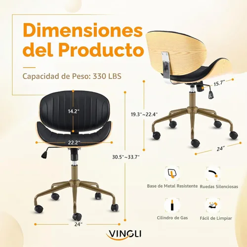 Vista 2 de VINGLI Silla giratoria de oficina en casa amplia y cómoda con carcasa curvada de grano de madera, silla de escritorio ergonómica acolchada sin negro