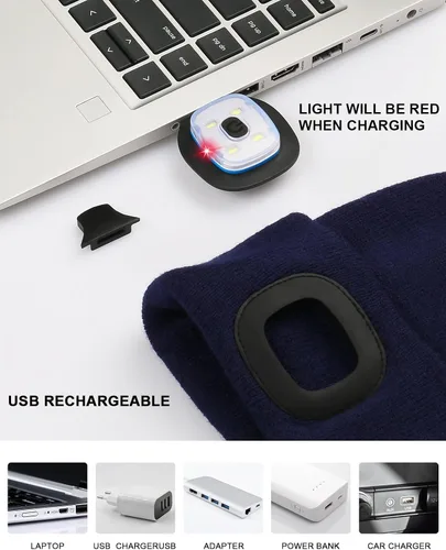 Vista 4 de MELASA Gorro con luz para niños,Sombrero de faro LED manos libres recargable por USB, gorro de invierno de punto con linterna