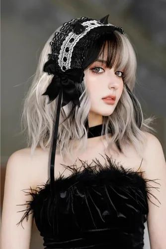 Vista 3 de IZONHERE Diademas de encaje con cuernos de diablo, alas góticas para mujer, lindo tocado de cosplay