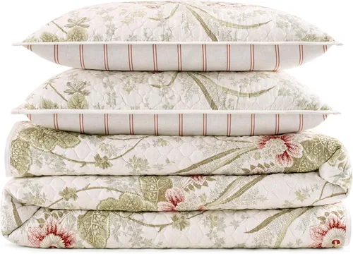 Vista 52 de Waverly Forever Peony - Juego de edredón de 4 piezas, 100% algodón, estampado floral de bayas, tamaño matrimonial/queen, con 2 fundas de almohada