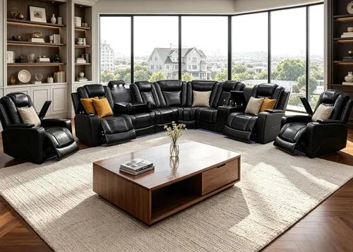 Vista 14 de Juego de sofá seccional reclinable de cuero, sofá seccional con 4 sillones reclinables Juegos de muebles de sala con 3 reclinables, luz LED