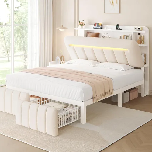 Vista 13 de Jocoevol Base de cama individual con cabecera de almacenamiento para niños, marco de cama tapizado blanco tamaño individual con cajones de Beige