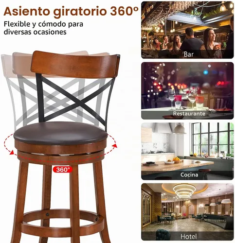 Vista 7 de COSTWAY Juego de 2 taburetes de bar giratorios de madera maciza de 360 grados con cojín suave y respaldo, taburetes de bar de cocina de 25 pulgadas