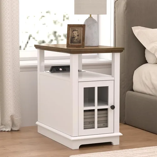 Vista 7 de HIFYOBRO Mesa auxiliar estrecha con estación de carga abatible, mesa auxiliar de almacenamiento, puerto tipo C y USB y estante ajustable, mesa Blanco