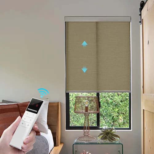 Vista 9 de ZSTARR Persianas motorizadas de filtrado de luz con control remoto, persianas enrollables recargables con cenefa, tamaño personalizado (beige)