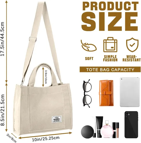 Vista 2 de Corduroy Tote Bag for Women Small Satchel Bag Mini Tote Bag Aesthetic Crossbody Handbag - School Work Travel Shopping