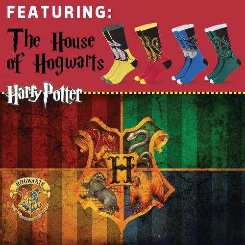 Vista 3 de Hyp Calcetines Harry Potter para hombre y mujer, calcetines con las casas de Hogwarts, caja de regalo, paquete de 4 calcetines casuales, Harry Potter