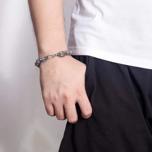 Vista 5 de Dankadi Pulsera de plata vintage para hombre, pulsera creativa de plata de ley 925 con dragón de 0.433 in, cadena de cuentas de 7-8-9-10 pulgadas