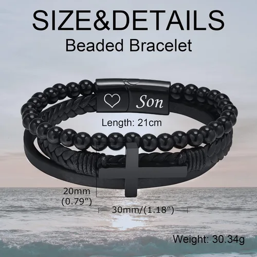 Vista 5 de TempBeau Pulsera de cuero con cruz para papá, envía caja de regalo, pulsera de graduación con grabado a mi hijo, pulseras de cuentas naturales