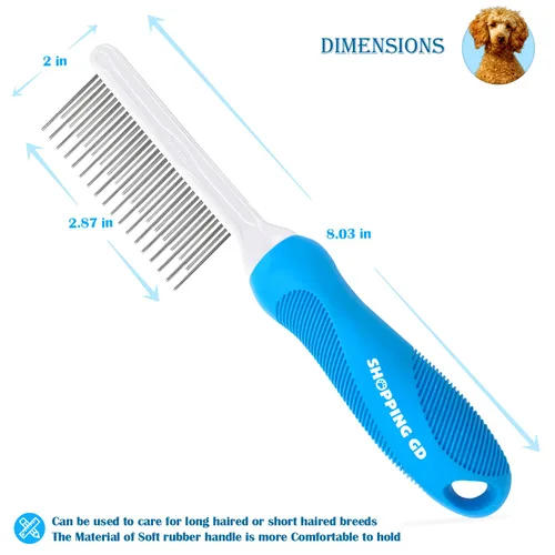 Vista 3 de Peine desenredante de aseo para mascotas para perros y gatos con dientes metálicos largos y cortos de acero inoxidable para eliminar enredos