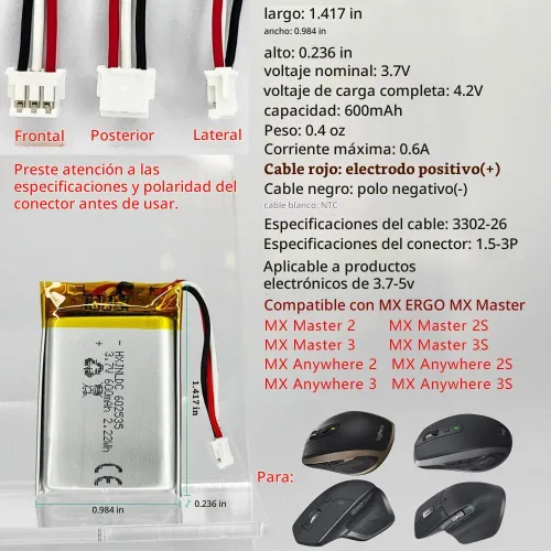 Vista 2 de DC 3.7V 600mAh 602535 batería de repuesto para Logitech MX Master 2 MX Master 2s MX Master 3 MX Master 3 MX Master 3s MX Anywhere 2 MX Anywhere 2S