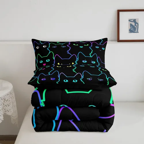 Vista 6 de Erosebridal Edredón de Gatos Lindos para Niños con Líneas de Arcoíris Neón, Juego de Ropa de Cama Individual para Niñas, Niños y Adolescentes, Gatos