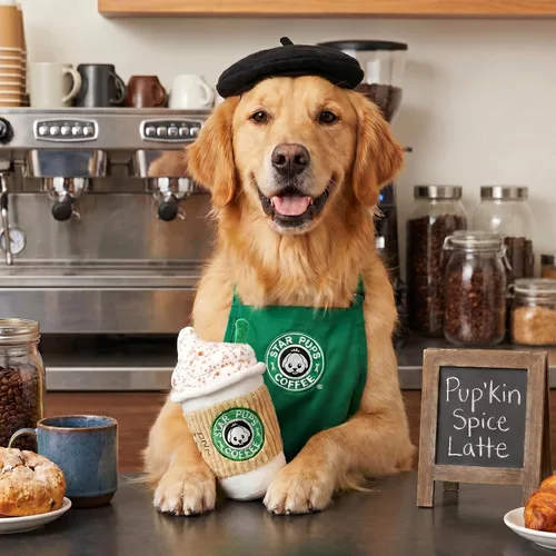 Vista 2 de Nestpark Parody Star Pups - Juguete de café para perros Pup'kin Spice Latte – Divertido juguete de felpa chirriante para perros medianos, pequeños