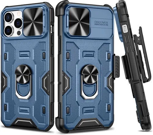 Vista 12 de VEGO Funda para iPhone 13 Pro Max/iPhone 12 Pro Max con soporte, cubierta deslizante para cámara y funda con clip para cinturón, funda protectora