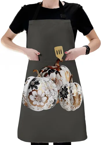 Vista 6 de Delantal con peto de otoño de Acción de Gracias con bolsillos, impermeable, delantal ajustable para hombres y mujeres, cosecha de calabaza, floral