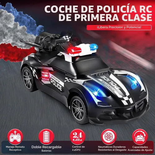 Vista 4 de Coche de policía de juguete con control remoto con efecto de humo y luces LED, auto RC recargable rápido para niños, neumáticos de goma