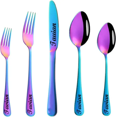 Vista 8 de Juego de cubiertos personalizado de acero inoxidable, cuchillo grabado, tenedores, cuchara, nombres personalizados se grabarán en tu vajilla, regalo