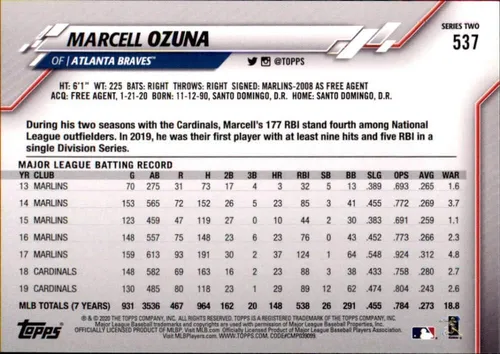Vista 2 de 2020 Topps #537 Marcell Ozuna Atlanta Braves MLB Baseball Trading Card