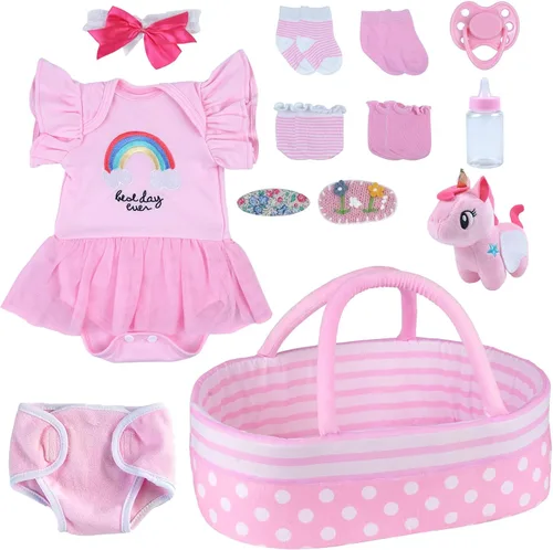 Vista 9 de BABESIDE - Accesorios para muñecas de bebé de 8 piezas con moisés para muñecas de 17 a 22 pulgadas Doll outfit set with bodysuit, diaper, bib